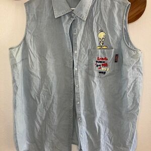 Vintage 2003 Looney Tunes Tweety Bird‎ Sleeveless Button Up Chambray Shirt Sz XL